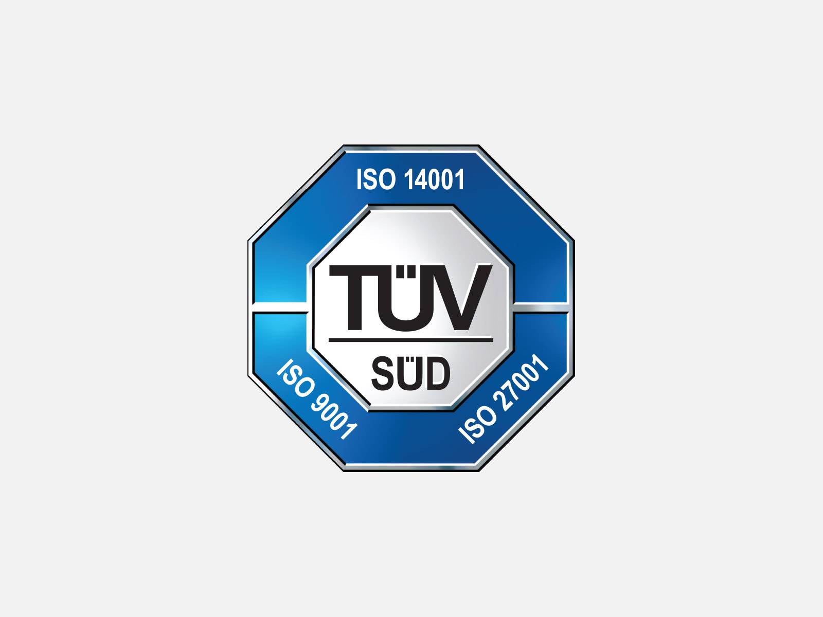 Logo of Tuv Sud ISO certificates: ISO 14001, ISO 9001 and ISO 27001