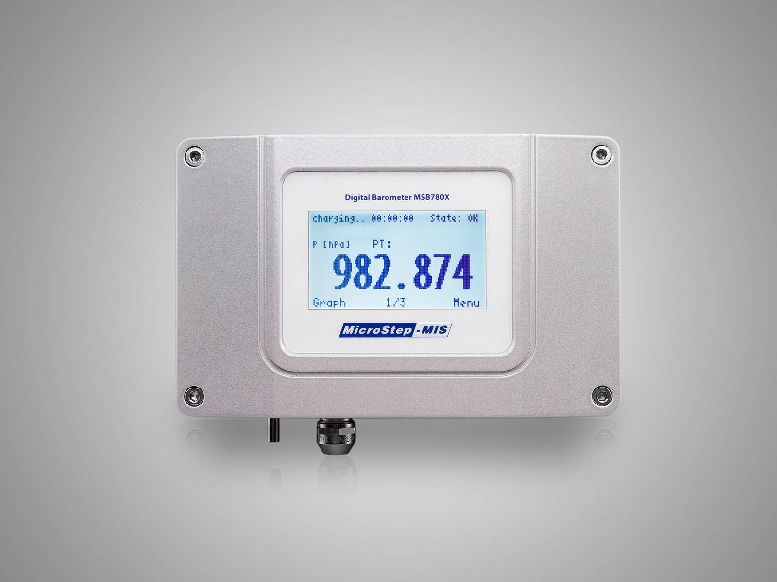 Front view of digital barometer MSB780x with display on