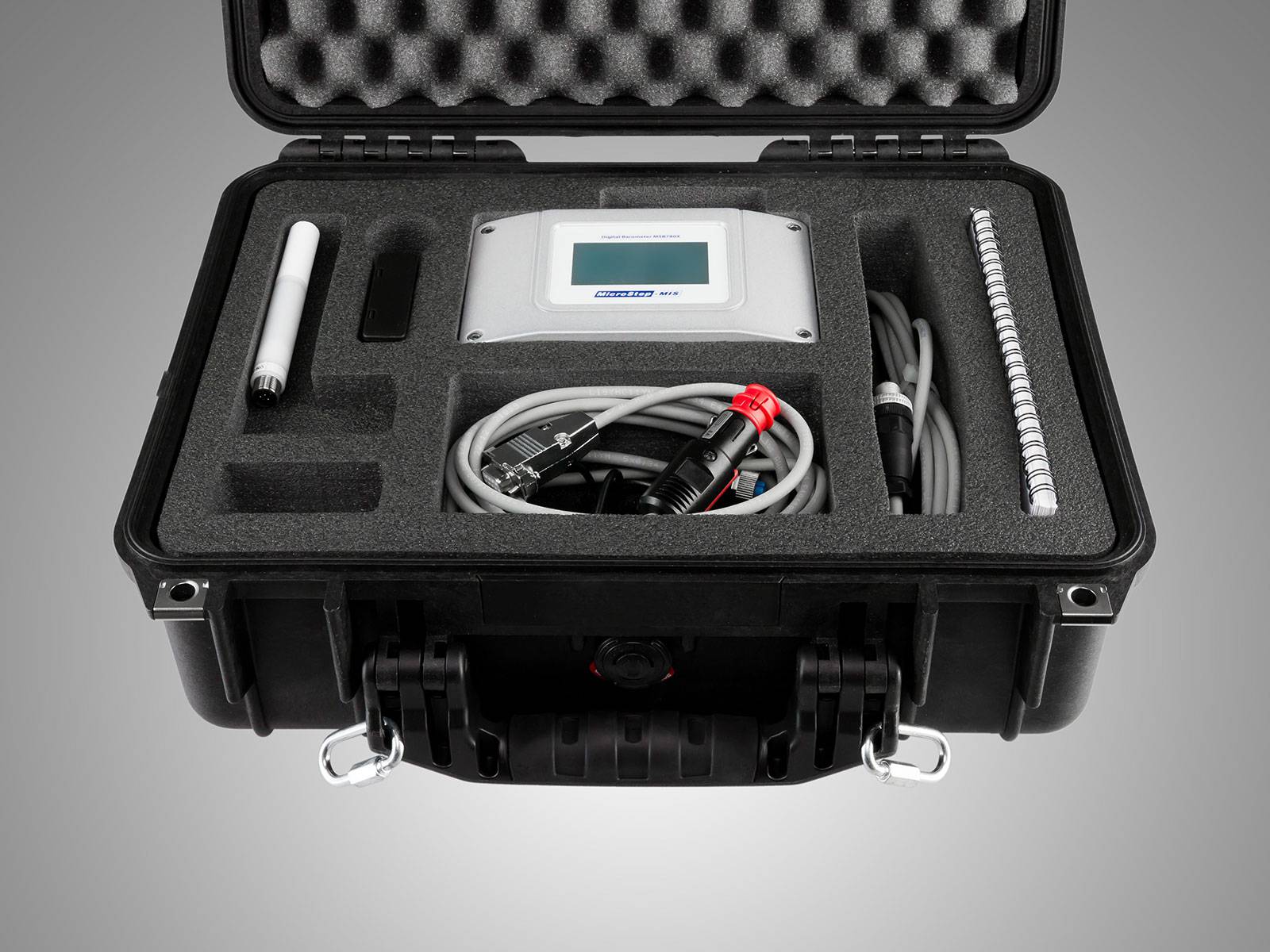 View of open transfer standard case - highly accurate Barometer MSB780X and optional Temperature & Relative Humidity sensor